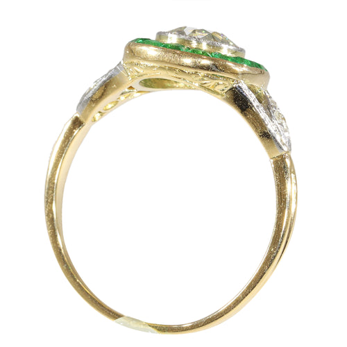 Bague 55 Bague de fiançailles Art déco vintage en or jaune 18K, platine, diamants et émeraudes 58 Facettes 24197-0155