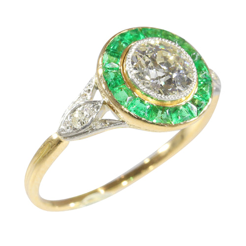 Bague 55 Bague de fiançailles Art déco vintage en or jaune 18K, platine, diamants et émeraudes 58 Facettes 24197-0155