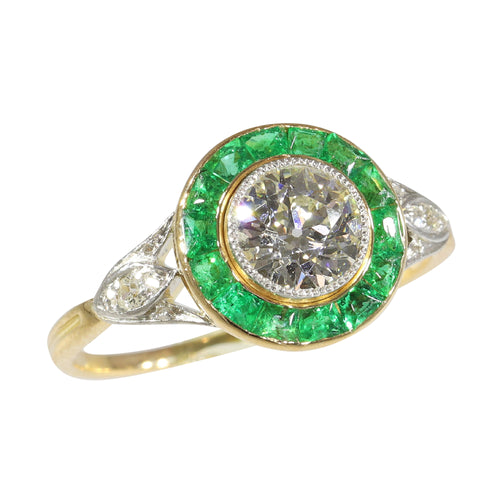 Bague 55 Bague de fiançailles Art déco vintage en or jaune 18K, platine, diamants et émeraudes 58 Facettes 24197-0155