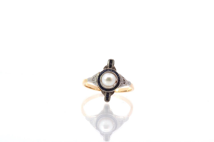 Bague 55 Bague en or jaune et platine avec perle, diamants et saphirs 58 Facettes 24969