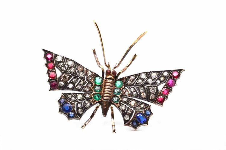 Broche Broche papillon XIXe siècle en or jaune, argent, diamants et pierres précieuses 58 Facettes 24983