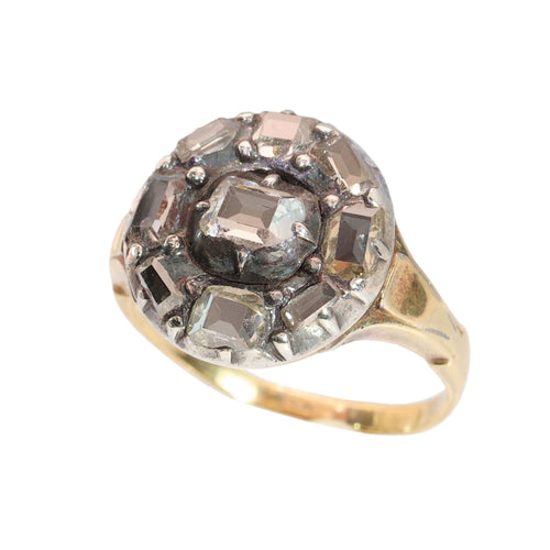 Bague 49 Bague cluster en or jaune 14K, argent et diamants taille table (vers 1600) 58 Facettes 25296-0103