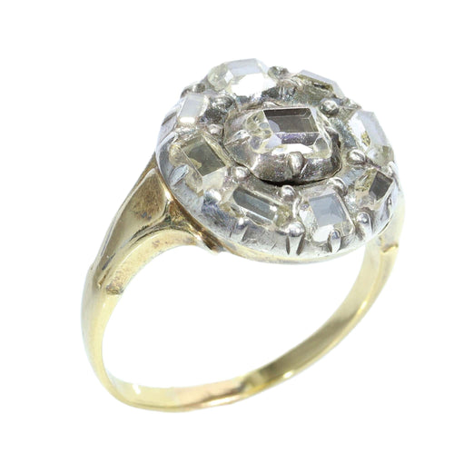 Bague 49 Bague cluster en or jaune 14K, argent et diamants taille table (vers 1600) 58 Facettes 25296-0103