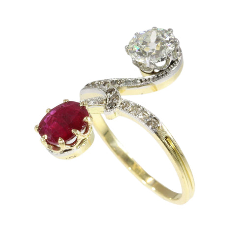 Bague 53 Bague Toi et Moi Art nouveau en or jaune 18K et platine 58 Facettes 25317-0120