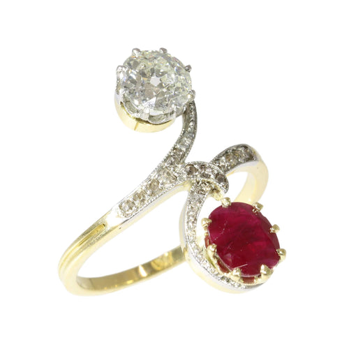 Bague 53 Bague Toi et Moi Art nouveau en or jaune 18K et platine 58 Facettes 25317-0120