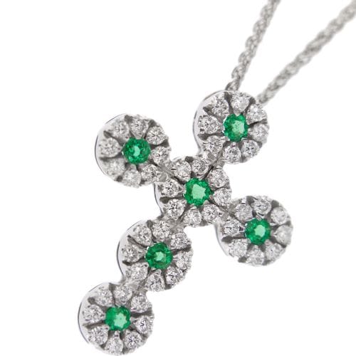 Collier Collier - Pendentif croix en or blanc 18 ct, diamants et émeraudes 58 Facettes 25439