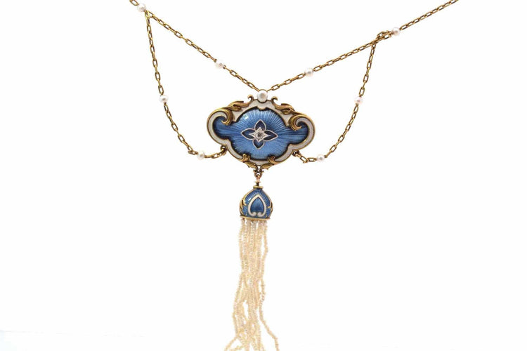Collier Collier 19e siècle - Pendentif en or jaune 18k, perles fines, diamant et émail 58 Facettes 25456dv
