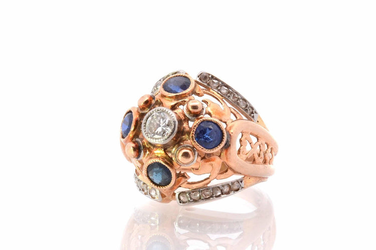 Bague 49 Bague dôme années 1950 en or jaune 18k, diamants et saphirs 58 Facettes 25514 dv