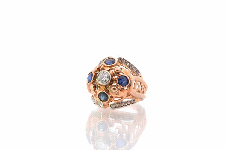 Bague 49 Bague dôme années 1950 en or jaune 18k, diamants et saphirs 58 Facettes 25514 dv
