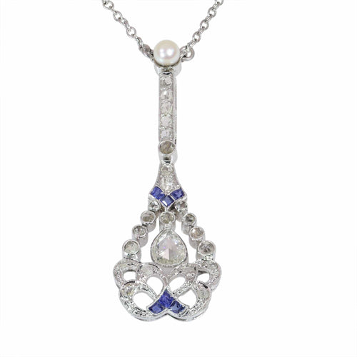 Collier Pendentif sur collier Belle Époque/Art déco en platine, diamants et saphirs 58 Facettes 26022-0155