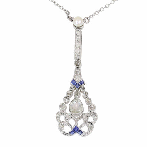 Collier Pendentif sur collier Belle Époque/Art déco en platine, diamants et saphirs 58 Facettes 26022-0155