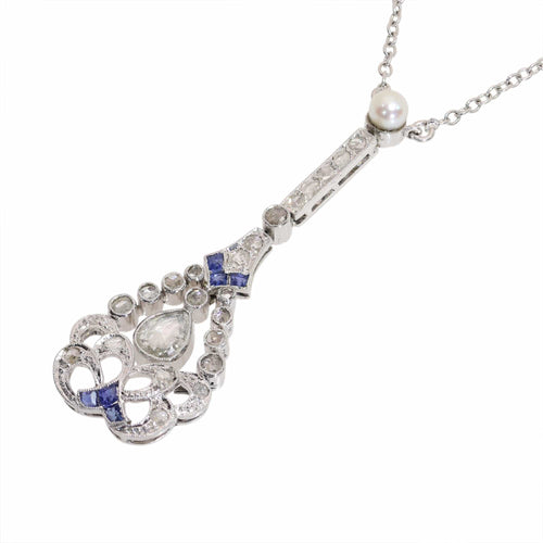 Collier Pendentif sur collier Belle Époque/Art déco en platine, diamants et saphirs 58 Facettes 26022-0155