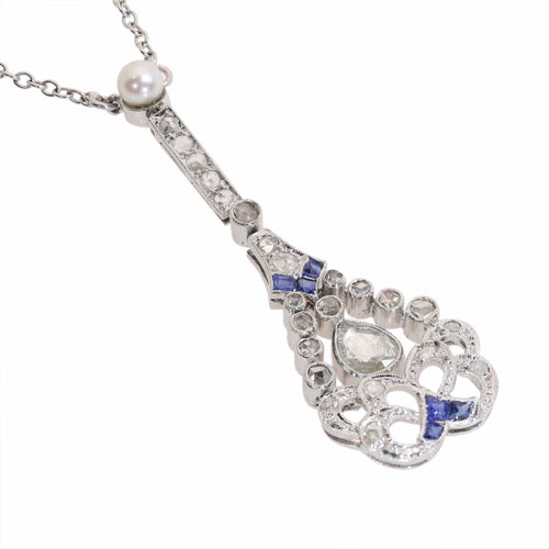 Collier Pendentif sur collier Belle Époque/Art déco en platine, diamants et saphirs 58 Facettes 26022-0155