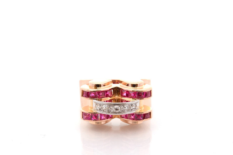 Bague 54.5 Bague vintage années 1940 en or 18k, rubis synthétiques et diamants 58 Facettes 27059