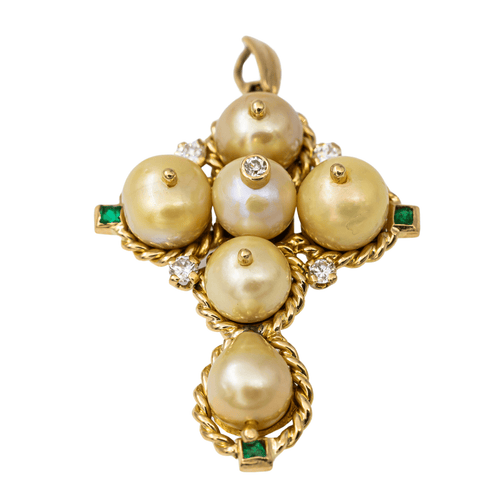 Pendentif Pendentif croix en or jaune serti de perles, diamants et émeraudes 58 Facettes 2709061CN