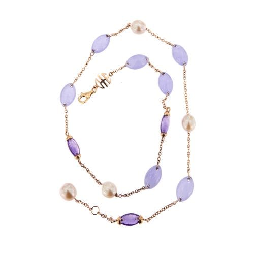 Collier MIMI - Collier en or rose 18 ct avec améthystes, jade et perles 58 Facettes 27753