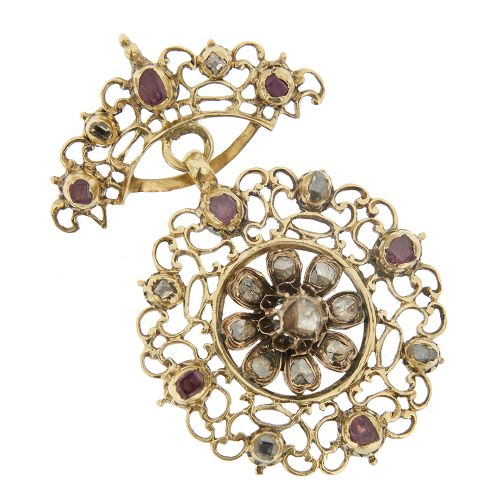 Pendentif Pendentif ancien rond en or jaune 18 ct avec diamants et rubis 58 Facettes 28141