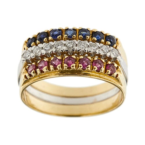 Bague Fiume - Tris de bagues rivière en or 18 ct avec diamants, rubis et saphirs 58 Facettes 29582