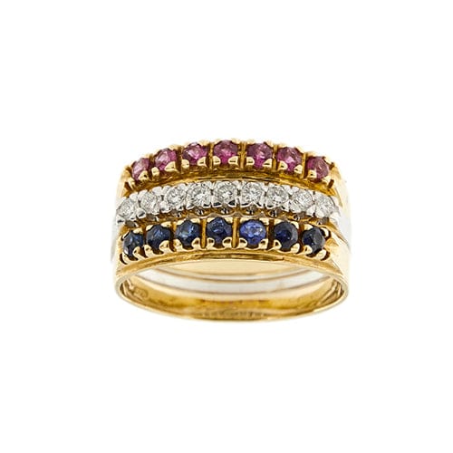 Bague Fiume - Tris de bagues rivière en or 18 ct avec diamants, rubis et saphirs 58 Facettes 29582