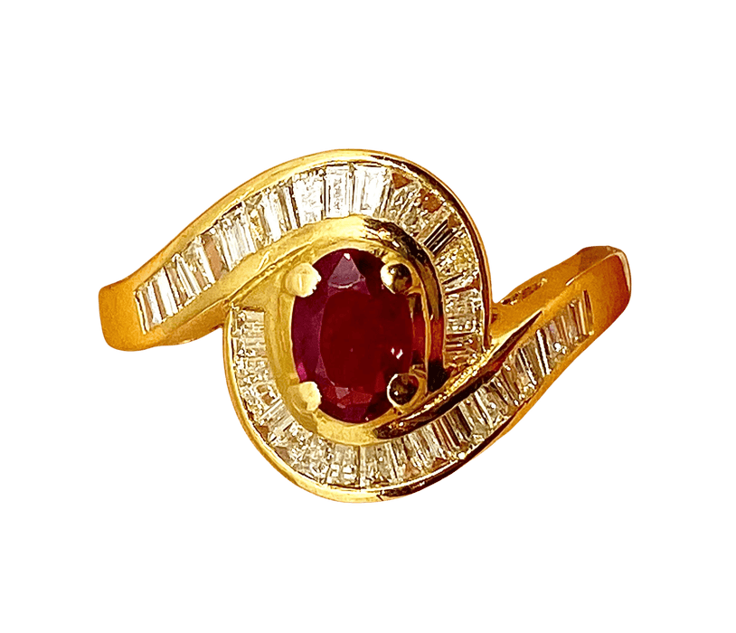 Bague 53 Bague or jaune, rubis et 38 diamants baguettes 58 Facettes AB419