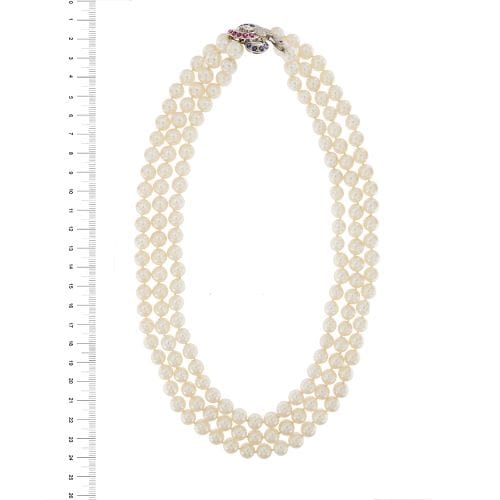 Collier Collier - Trois rangs de perles Akoya en or blanc 18 carats 58 Facettes 31430
