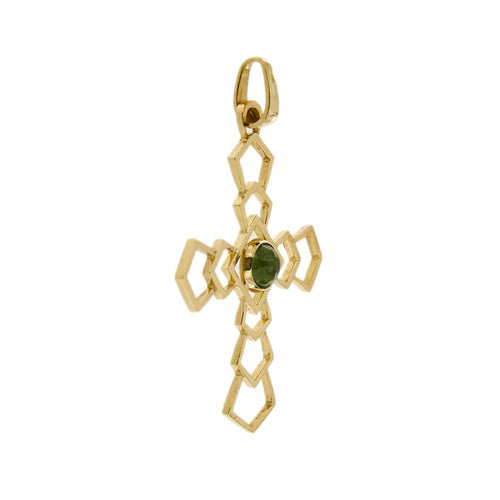 Pendentif Pendentif croix ajourée en or jaune 18 ct avec tourmaline verte 58 Facettes 31480