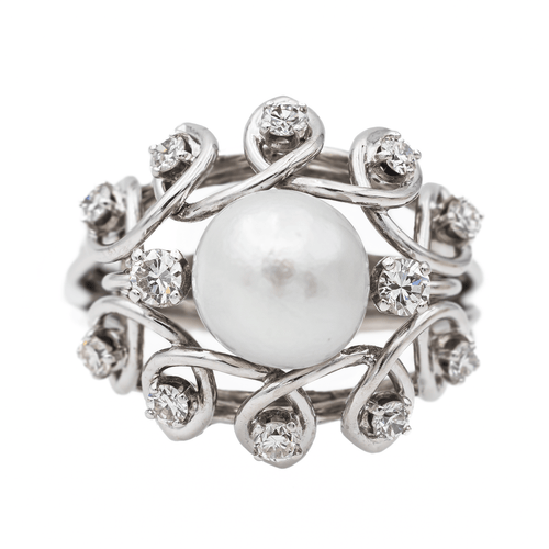 Bague 55 Bague cocktail en or blanc 18 carats avec perle et diamants 58 Facettes 3148552CN