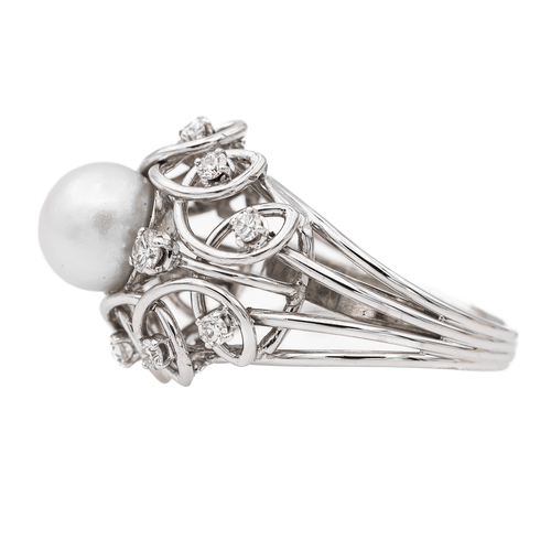 Bague 55 Bague cocktail en or blanc 18 carats avec perle et diamants 58 Facettes 3148552CN
