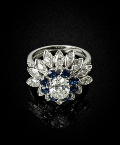 Bague Bague fleur étoilée années 1960 avec diamant, saphirs et diamants 58 Facettes
