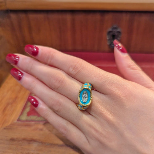 Bague 52 Bague en or jaune 18 carats avec diamants et émail turquoise 58 Facettes 32397