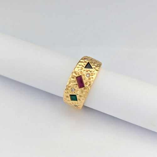 Bague 52.5 Bague Art déco en or jaune 18 carats avec rubis, émeraude, saphir et diamants 58 Facettes 32597