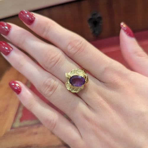 Bague 53 Bague motif feuille en or jaune 18 carats et améthyste 58 Facettes 32697