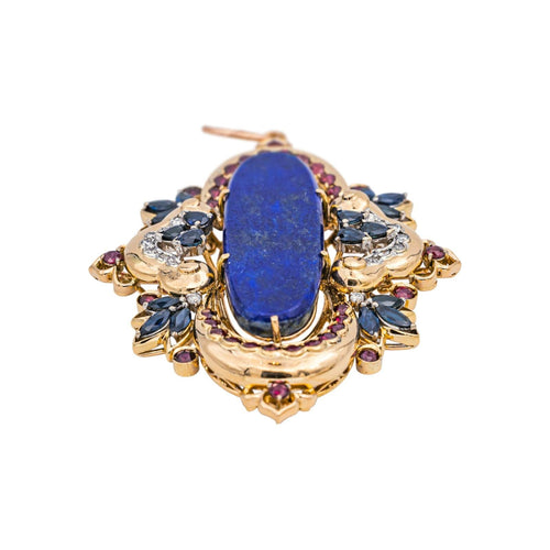 Pendentif Pendentif vintage en or jaune 14 carats lapis-lazuli, diamants, rubis et saphirs 58 Facettes 3301418RV