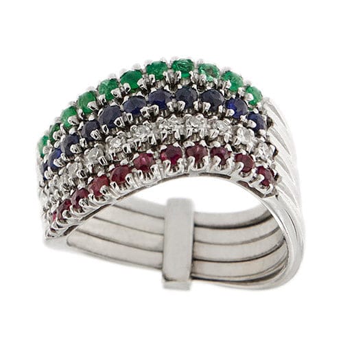 Bague Bague Riviera ondulée en or blanc 18 ct avec diamants, rubis, saphirs et émeraudes 58 Facettes 33645