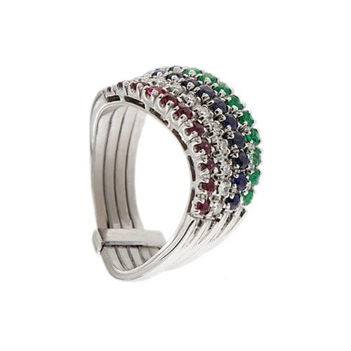Bague Bague Riviera ondulée en or blanc 18 ct avec diamants, rubis, saphirs et émeraudes 58 Facettes 33645
