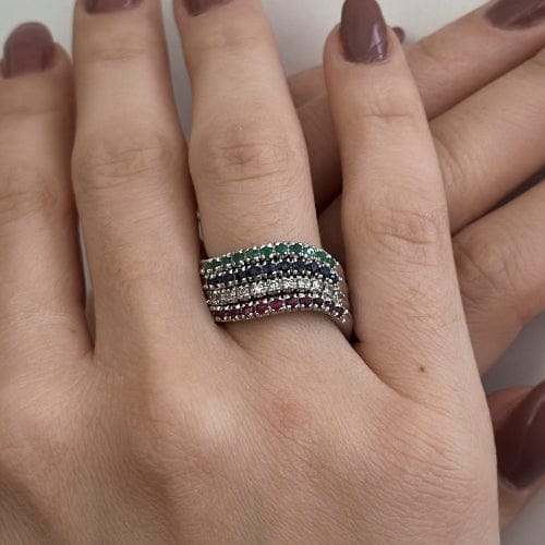 Bague Bague Riviera ondulée en or blanc 18 ct avec diamants, rubis, saphirs et émeraudes 58 Facettes 33645