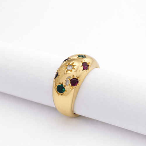 Bague 50 Bague étoiles en or jaune 18 carats avec diamants, rubis, émeraudes et saphirs 58 Facettes 33700