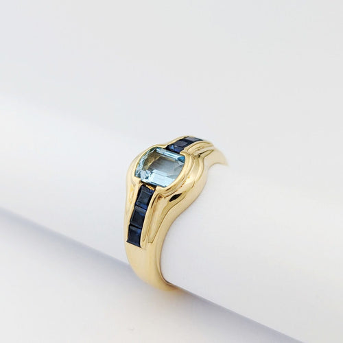 Bague 54 Bague en or jaune 18 carats avec aigue-marine et saphirs 58 Facettes 33702