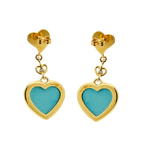 Boucles d'oreilles Damiani - Boucles d’oreilles cœur pendantes en or jaune avec diamants et turquoises 58 Facettes 37515