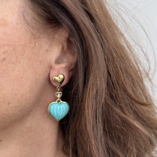 Boucles d'oreilles Damiani - Boucles d’oreilles cœur pendantes en or jaune avec diamants et turquoises 58 Facettes 37515