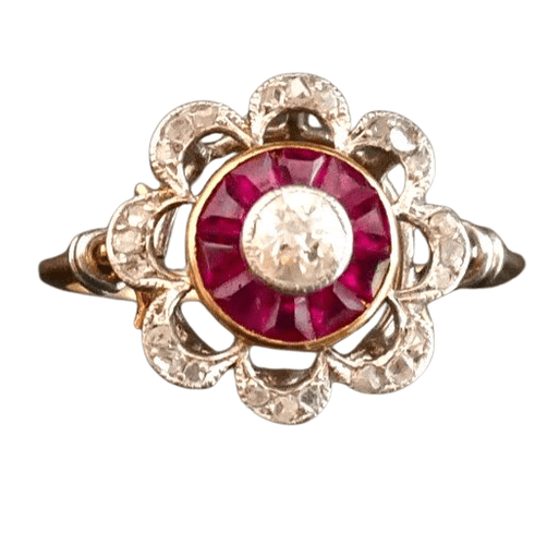 Bague 52.5 Bague Ornée d'un Diamant, entourage de Rubis Calibrés 58 Facettes