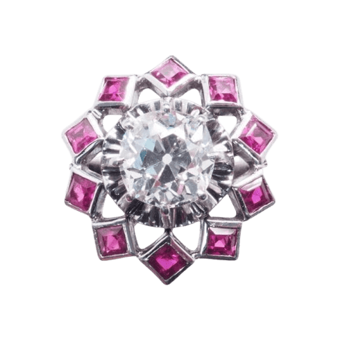 Bague 51 Bague rétro en or blanc 18 carats, diamant 1 ct et rubis synthétiques 58 Facettes 16206