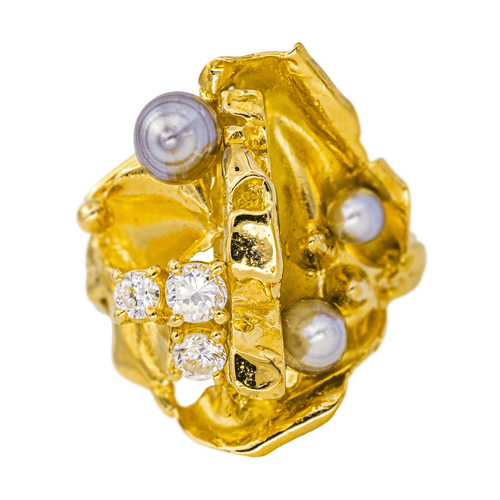 Bague 49 Bague pavée en or jaune 18 carats, diamants et perle 58 Facettes 4528518RV
