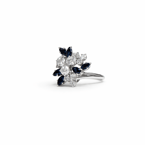 Bague 49 Frères Bellin - Bague bouquet en or gris 18k, platine, diamants et saphirs 58 Facettes REF2578-346