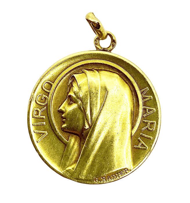 Médaille en or jaune représentant la Vierge Marie, signée G. Rabier