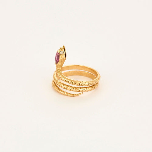 Bague 54 Bague serpent vintage en or jaune 18 carats, saphir rose et diamants 58 Facettes