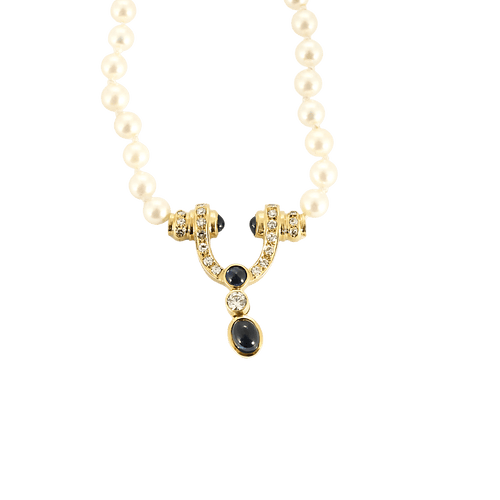 Collier Collier de perles de culture en or jaune et diamants, saphirs 58 Facettes BO/250007