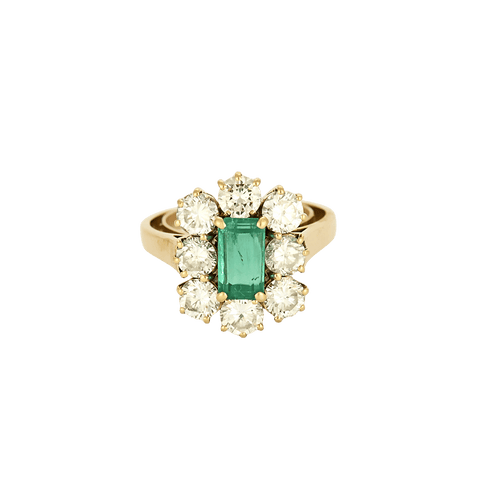 Bague 54 Bague marguerite en or jaune 18 carats et émeraude, diamants 58 Facettes BO/250003/