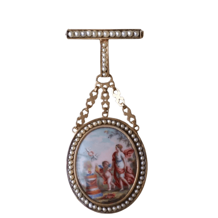 Broche Broche or, perles, et miniature porcelaine par Auguste Perrette 58 Facettes