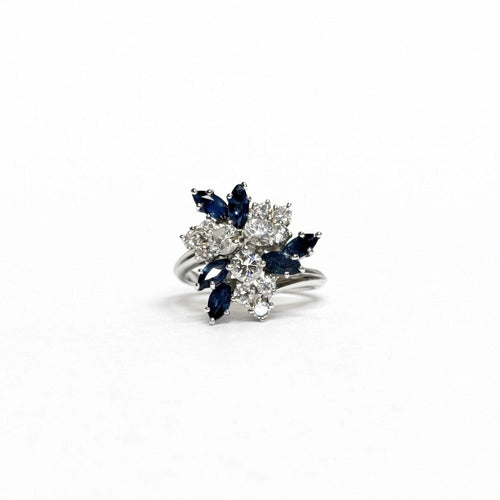 Bague 49 Frères Bellin - Bague bouquet en or gris 18k, platine, diamants et saphirs 58 Facettes REF2578-346